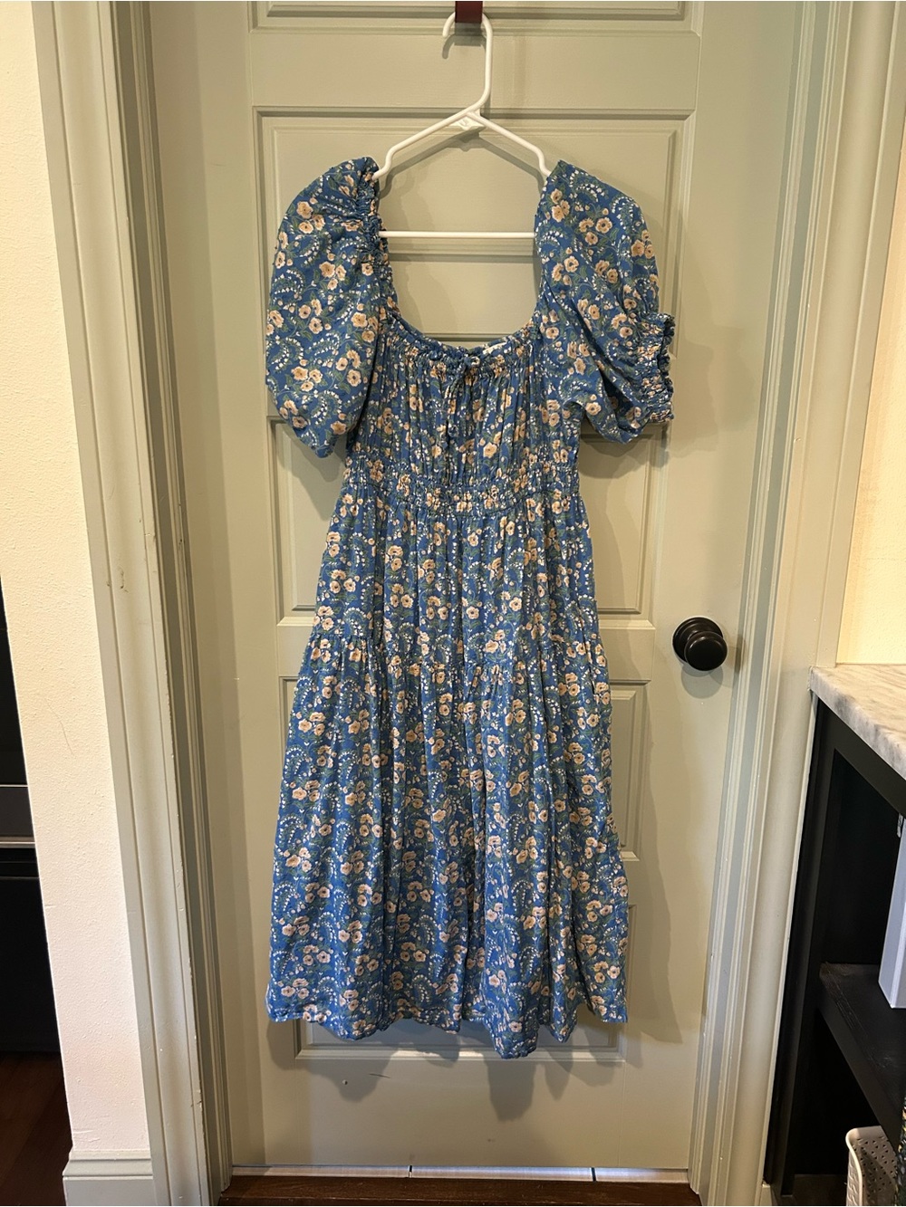 Blue Floral Midi Dress with Puff Sleeves